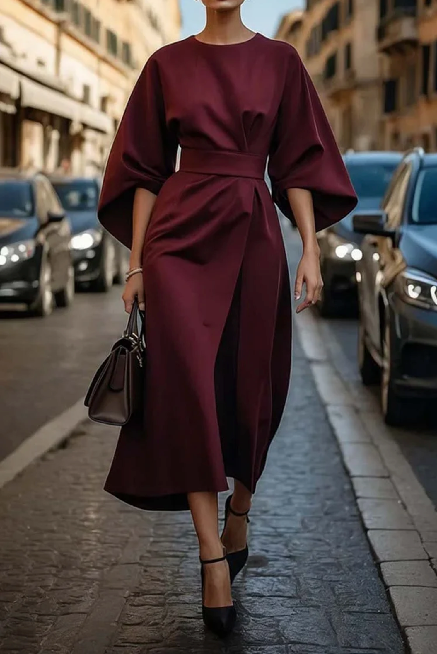 Sofía - elegante vestido con mangas abullonadas y cinturón.