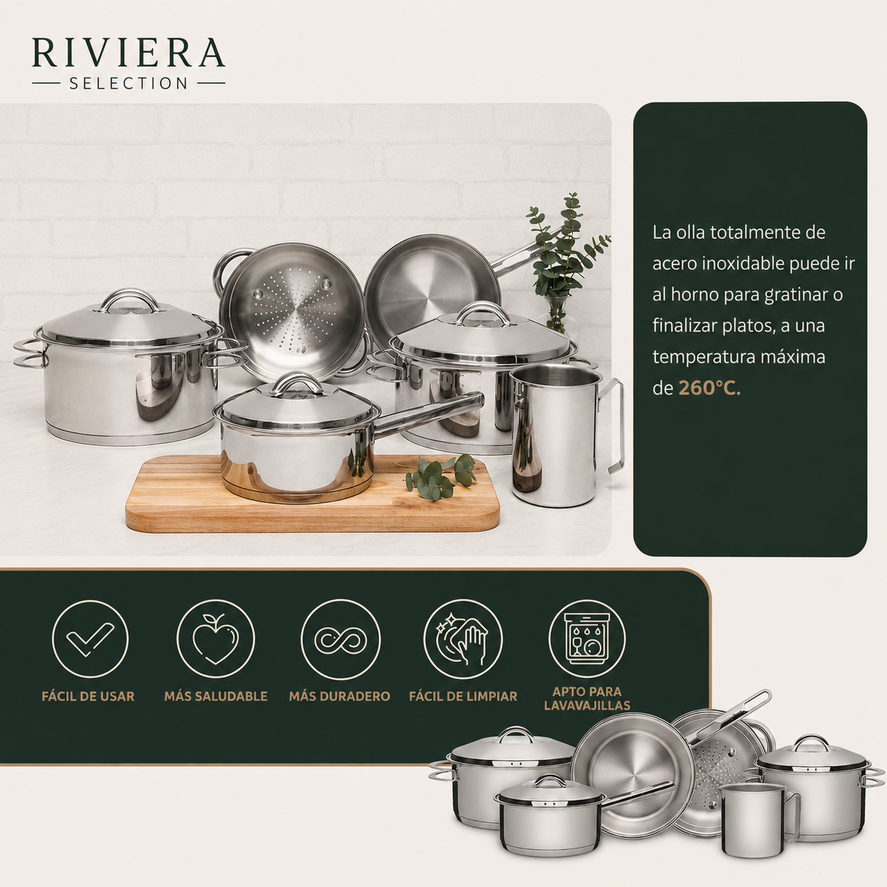 [6 PIEZAS] Juego de Ollas de Acero Inoxidable con Fondo Triple + Set de silicona gratis