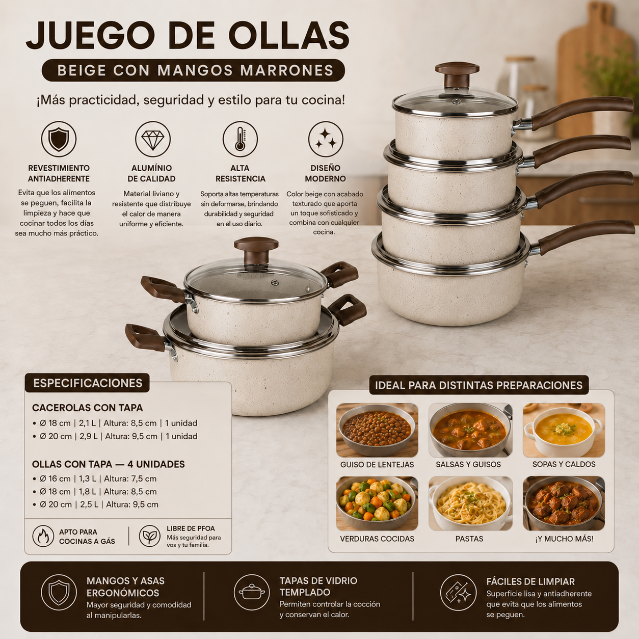 [17 PIEZAS] Juego de Ollas Antiadherentes de Aluminio + Set de silicona de Regalo