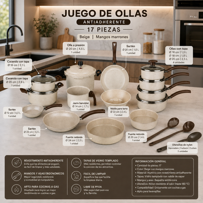 [17 PIEZAS] Juego de Ollas Antiadherentes de Aluminio + Set de silicona de Regalo