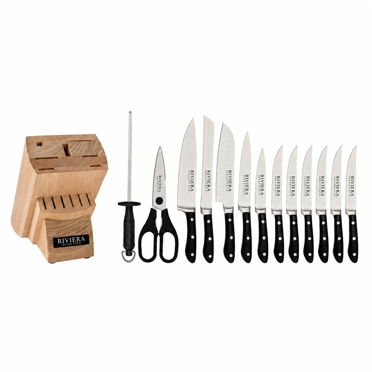 [14 PIEZAS] Juego de Cuchillos Chef de Acero Inoxidable con Taco de Madera + Set de silicona gratis