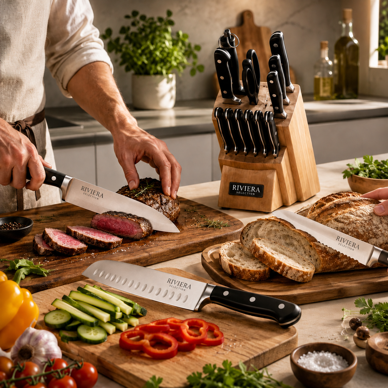[14 PIEZAS] Juego de Cuchillos Chef de Acero Inoxidable con Taco de Madera + Set de silicona gratis