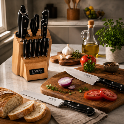 [14 PIEZAS] Juego de Cuchillos Chef de Acero Inoxidable con Taco de Madera + Set de silicona gratis
