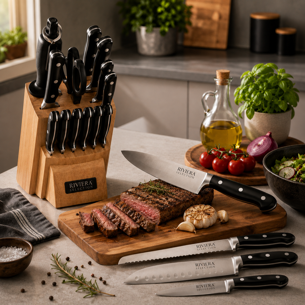 [14 PIEZAS] Juego de Cuchillos Chef de Acero Inoxidable con Taco de Madera + Set de silicona gratis