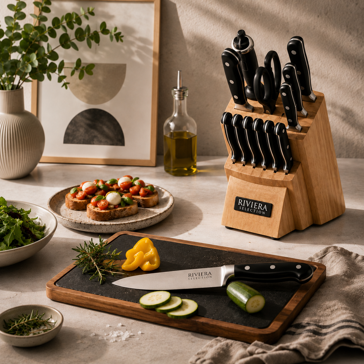 [14 PIEZAS] Juego de Cuchillos Chef de Acero Inoxidable con Taco de Madera + Set de silicona gratis