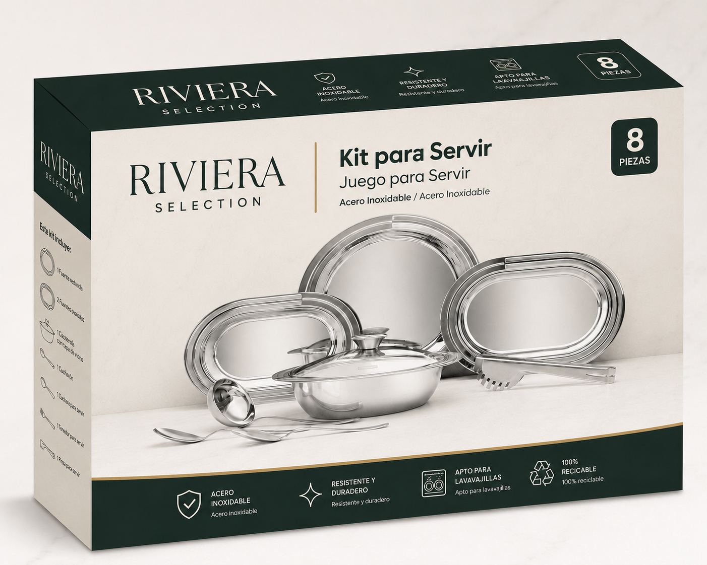[8 PIEZAS] Set para Servir de Acero Inoxidable + 3 Tupper de vidrio gratis