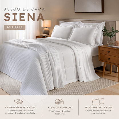 [10 PIEZAS] Juego de Cama Siena de 300 Hilos 100% Algodón con Cubrecama y Manta Decorativa + Set de Toallas Premium de Regalo