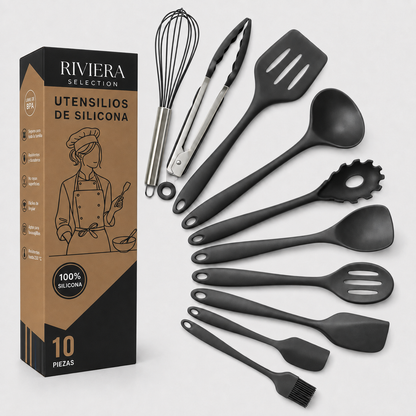 [14 PIEZAS] Juego de Cuchillos Chef de Acero Inoxidable con Taco de Madera + Set de silicona gratis